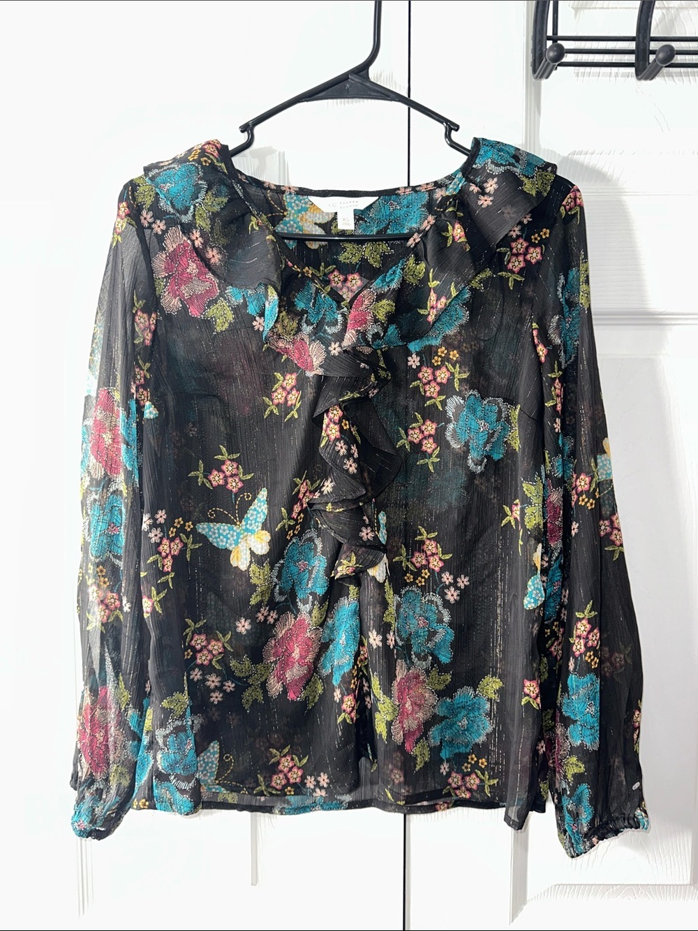 LC Lauren Conrad Black Sheer Floral Ruffle Blouse